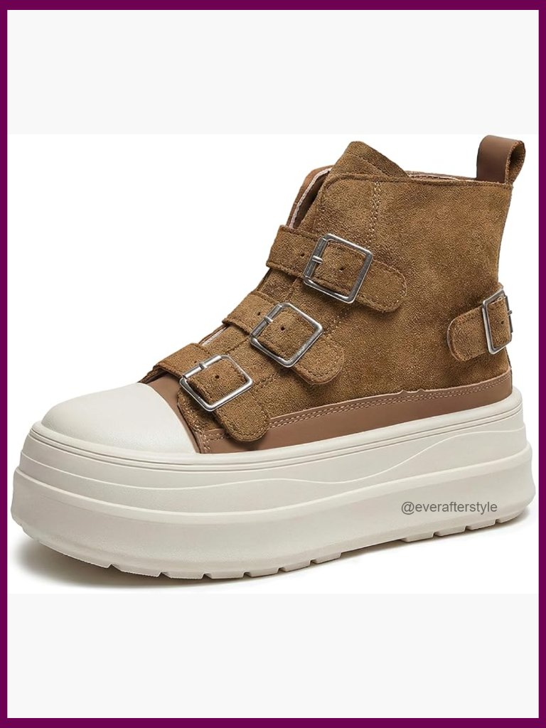Chunky Platform Sneakers High Top Suede Ankle Boots With Adjustable Buckles